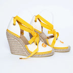 Yellow and White Canvas Espadrille Wedges with Ties Size 38