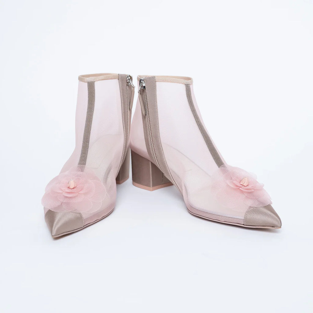 Blush Pink Mesh Booties with Camellia Detail Size 38