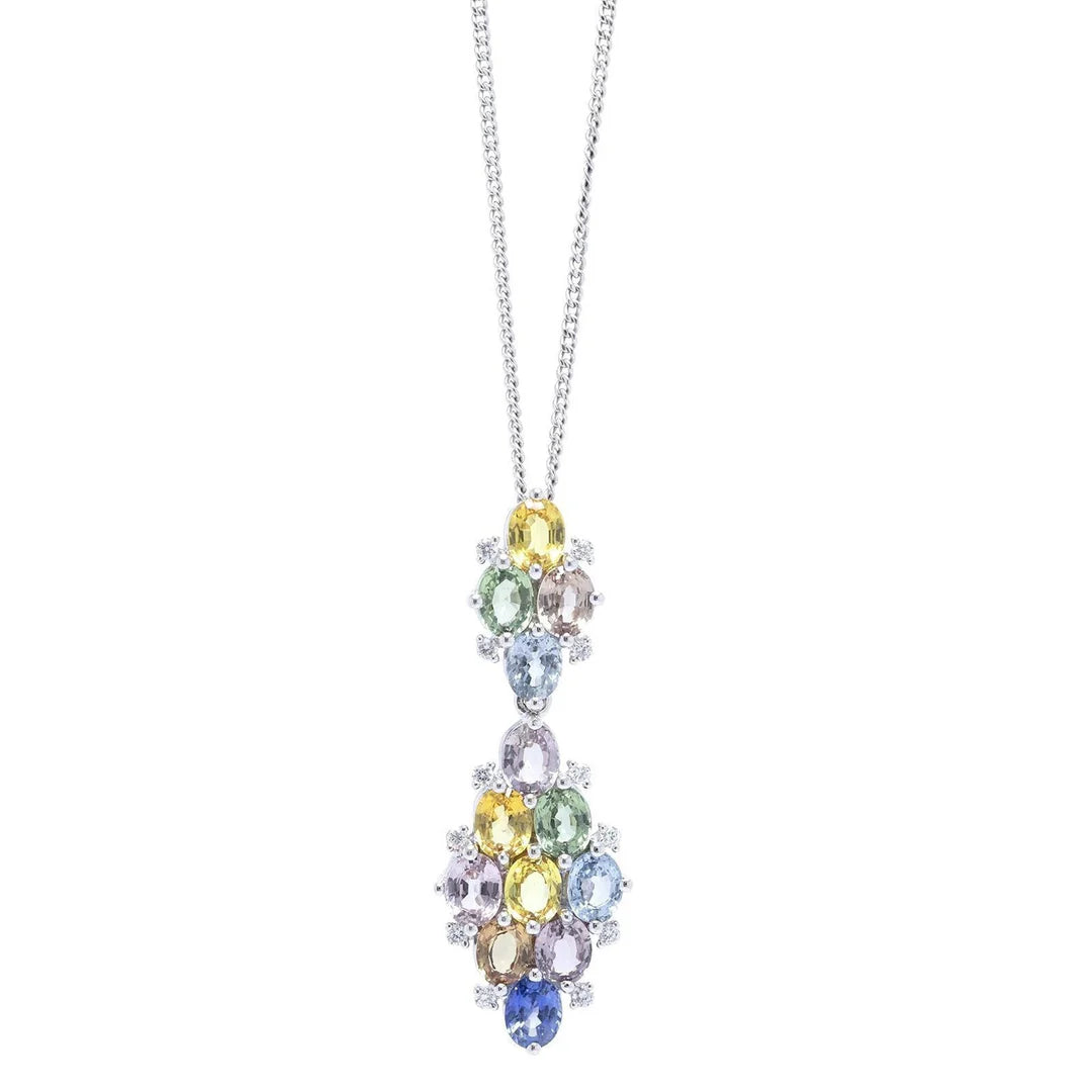 Multi-Colour Sapphire &amp; Diamond Drop Pendant Necklace