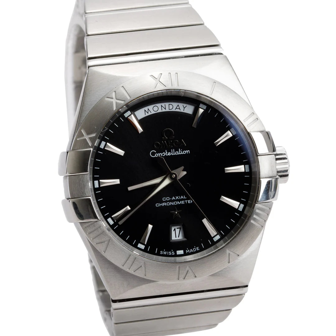 Stainless Steel Constellation Day-Date 38 MM Co-Axial Chronometer Automatic Watch Black Dial w/ Box &amp; Papers