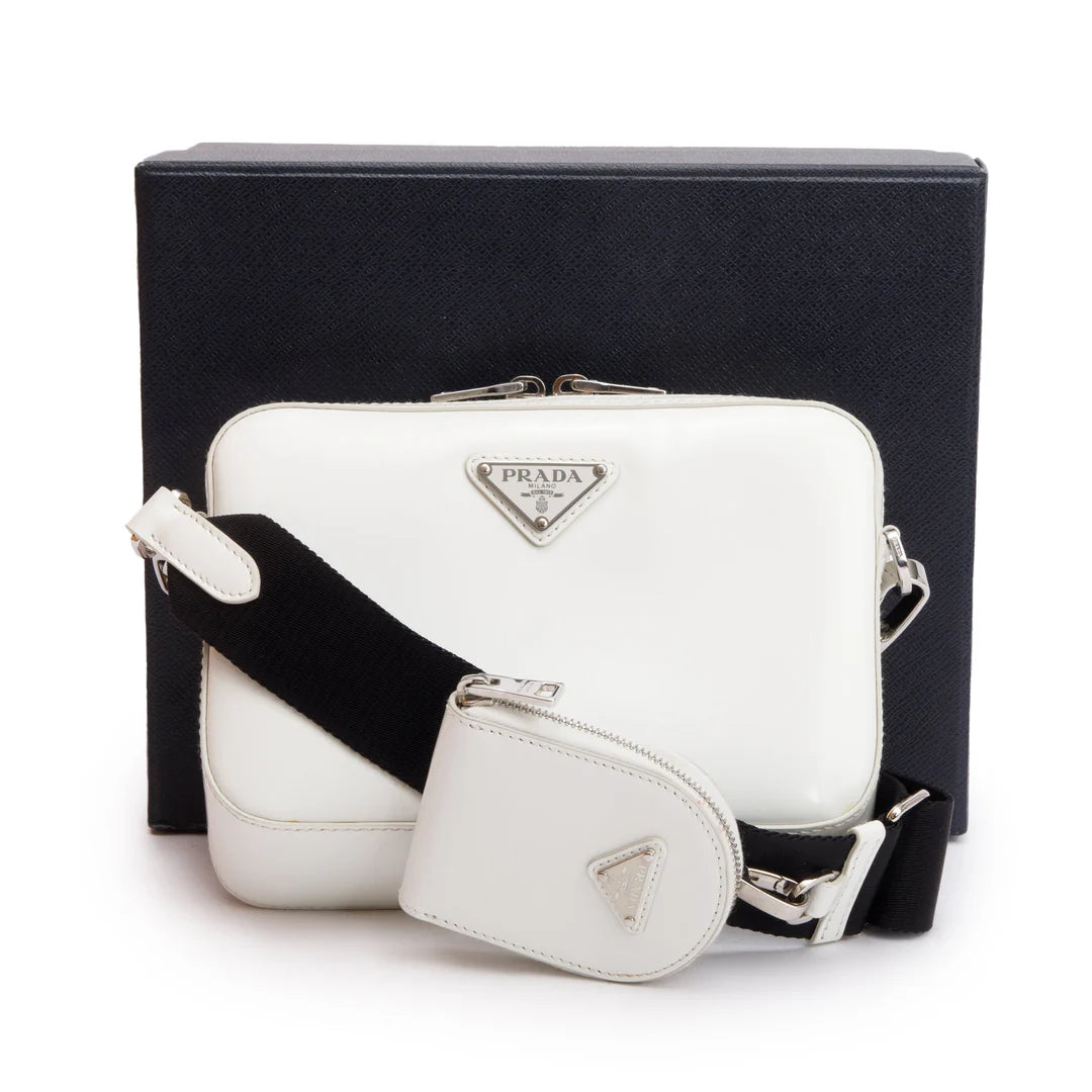 2021 White Spazzolato Leather Small Brique Crossbody Bag w/ Box &amp; Authenticity Card