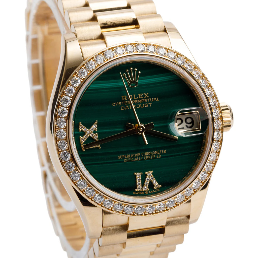 18k Yellow Gold Diamond Bezel Datejust 31 MM Watch Malachite Diamond Dial 278288RBR w/ Box &amp; Papers