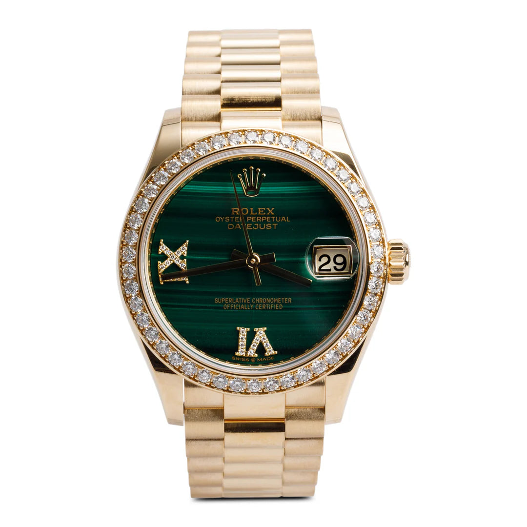 18k Yellow Gold Diamond Bezel Datejust 31 MM Watch Malachite Diamond Dial 278288RBR w/ Box &amp; Papers