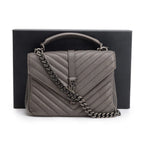 Grey Leather Medium Chevron College Bag w/ Box