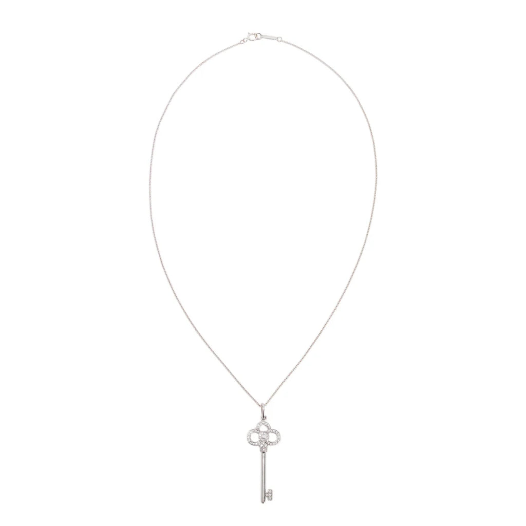18k White Gold &amp; Diamond Crown Key Pendant Necklace