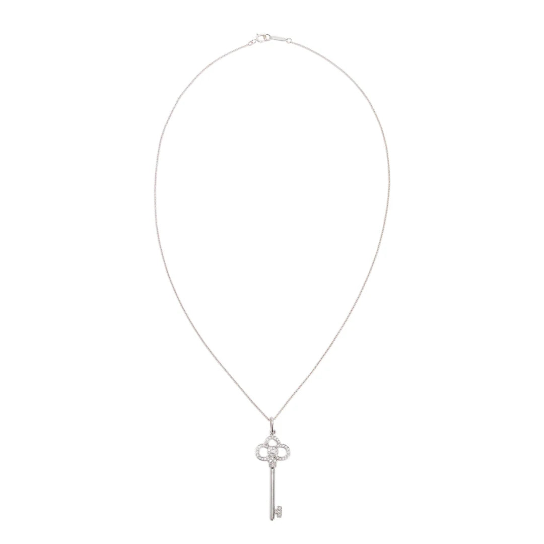 18k White Gold &amp; Diamond Crown Key Pendant Necklace
