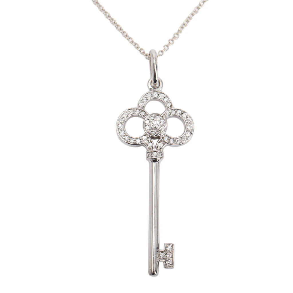 18k White Gold &amp; Diamond Crown Key Pendant Necklace