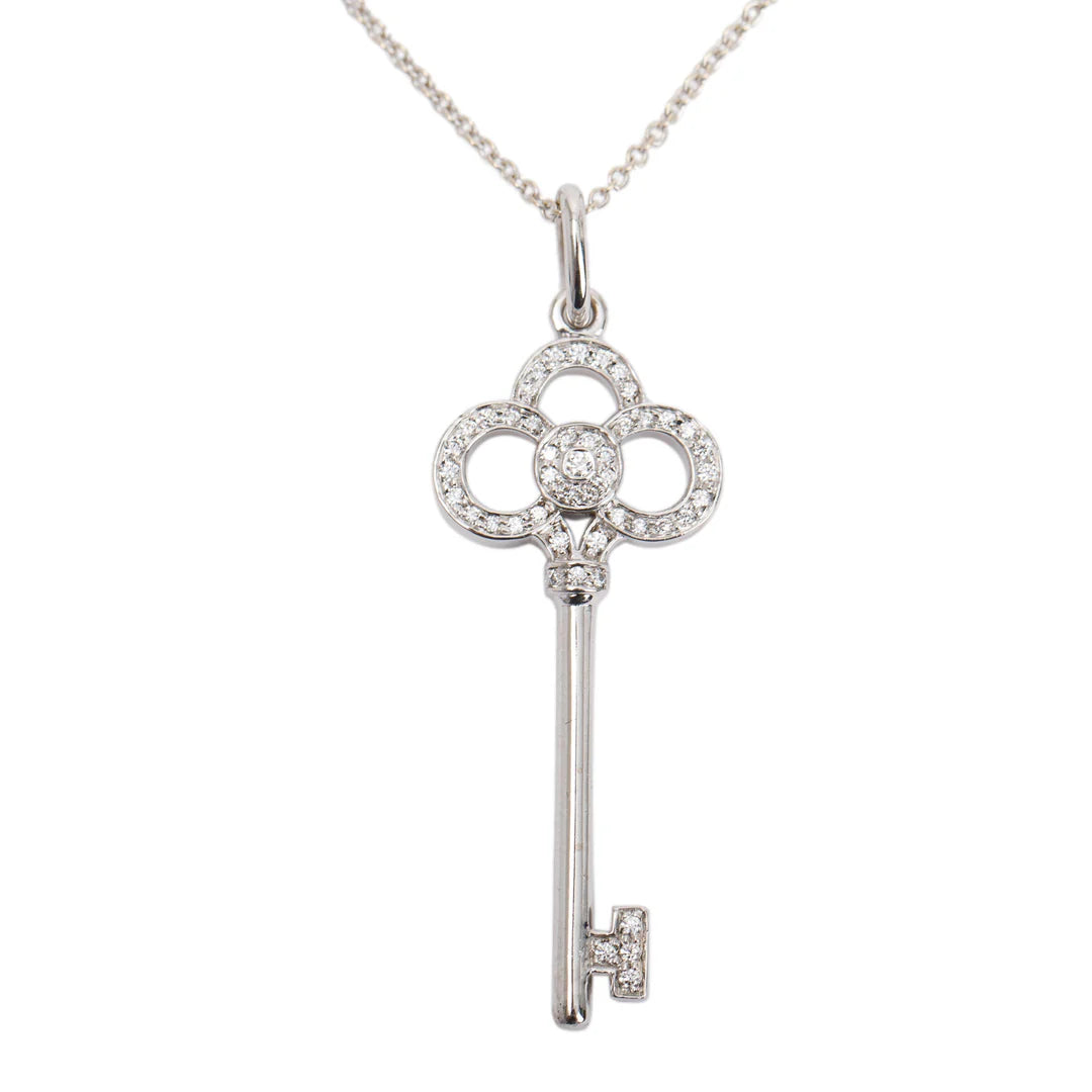 18k White Gold &amp; Diamond Crown Key Pendant Necklace