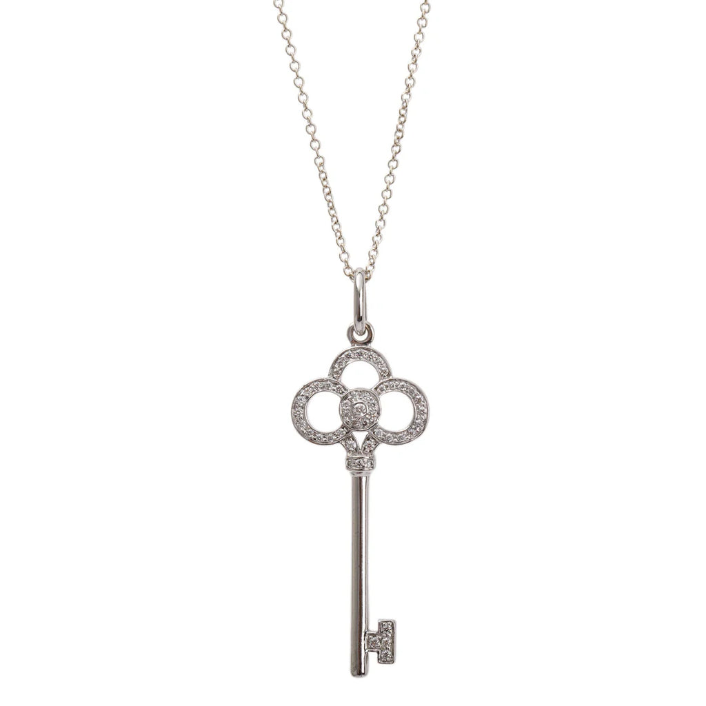 18k White Gold &amp; Diamond Crown Key Pendant Necklace