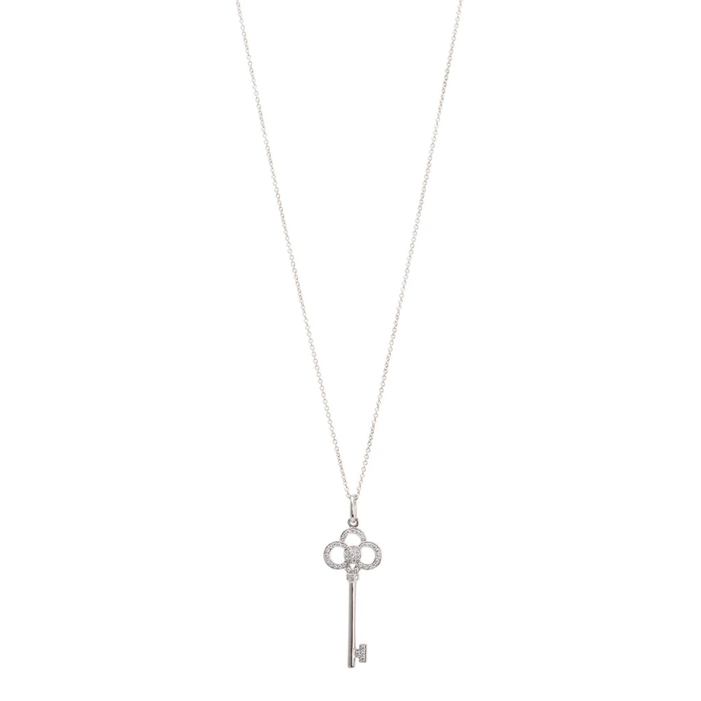 18k White Gold &amp; Diamond Crown Key Pendant Necklace