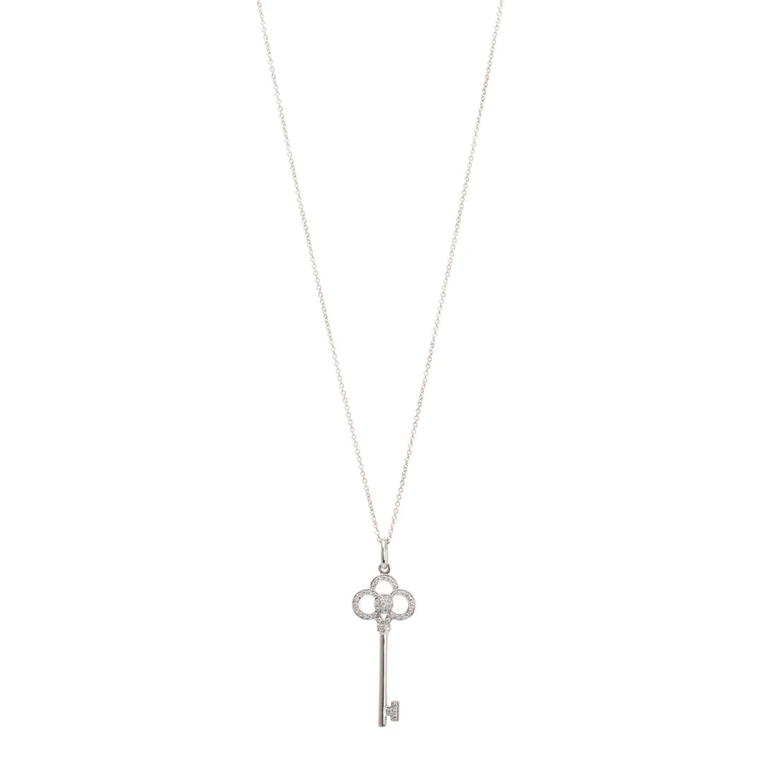 18k White Gold &amp; Diamond Crown Key Pendant Necklace