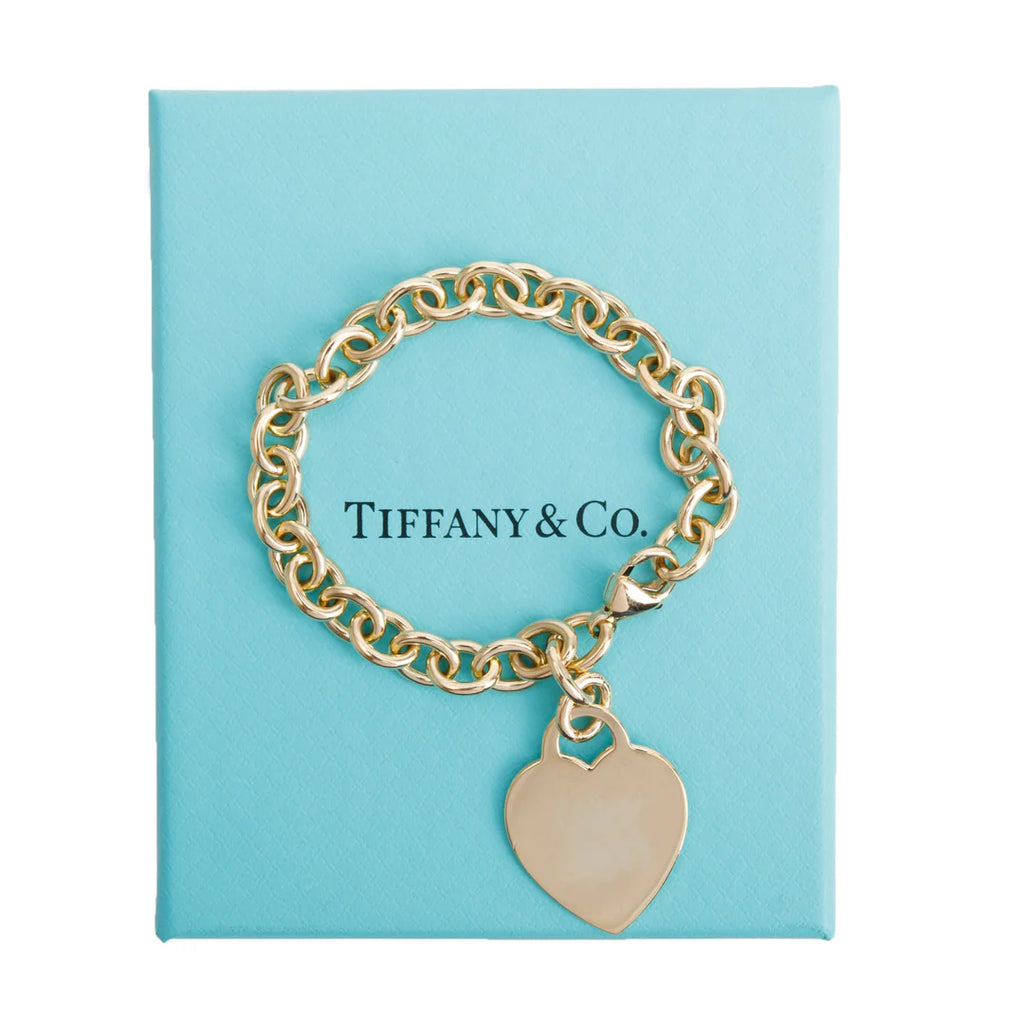 18k Yellow Gold Heart Tag Charm Bracelet w/ Box