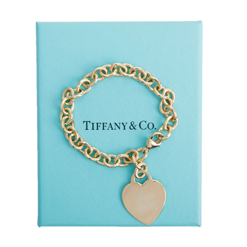 18k Yellow Gold Heart Tag Charm Bracelet w/ Box