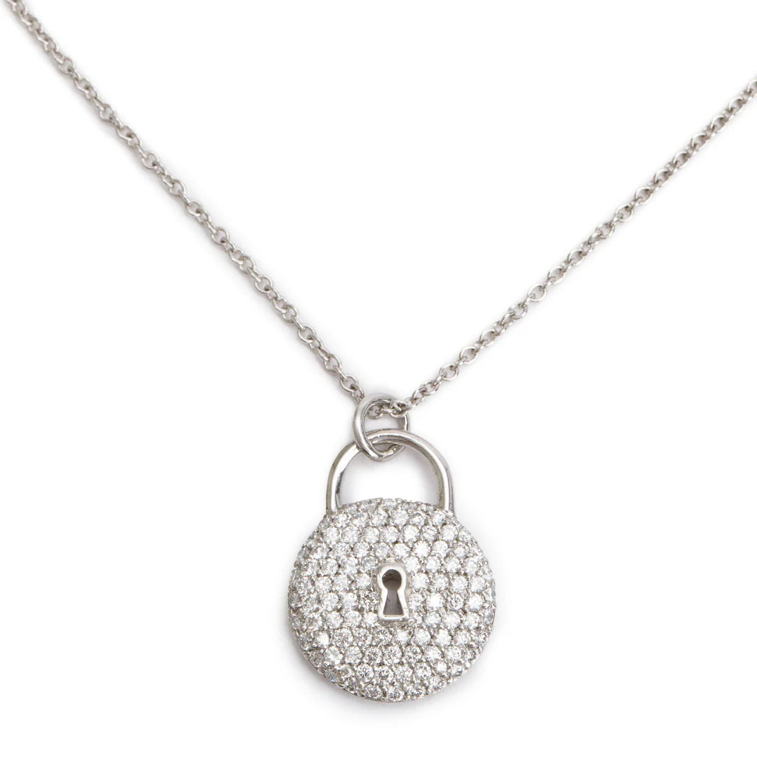Platinum Diamond Mini Round Lock Pendant Necklace w/ Box