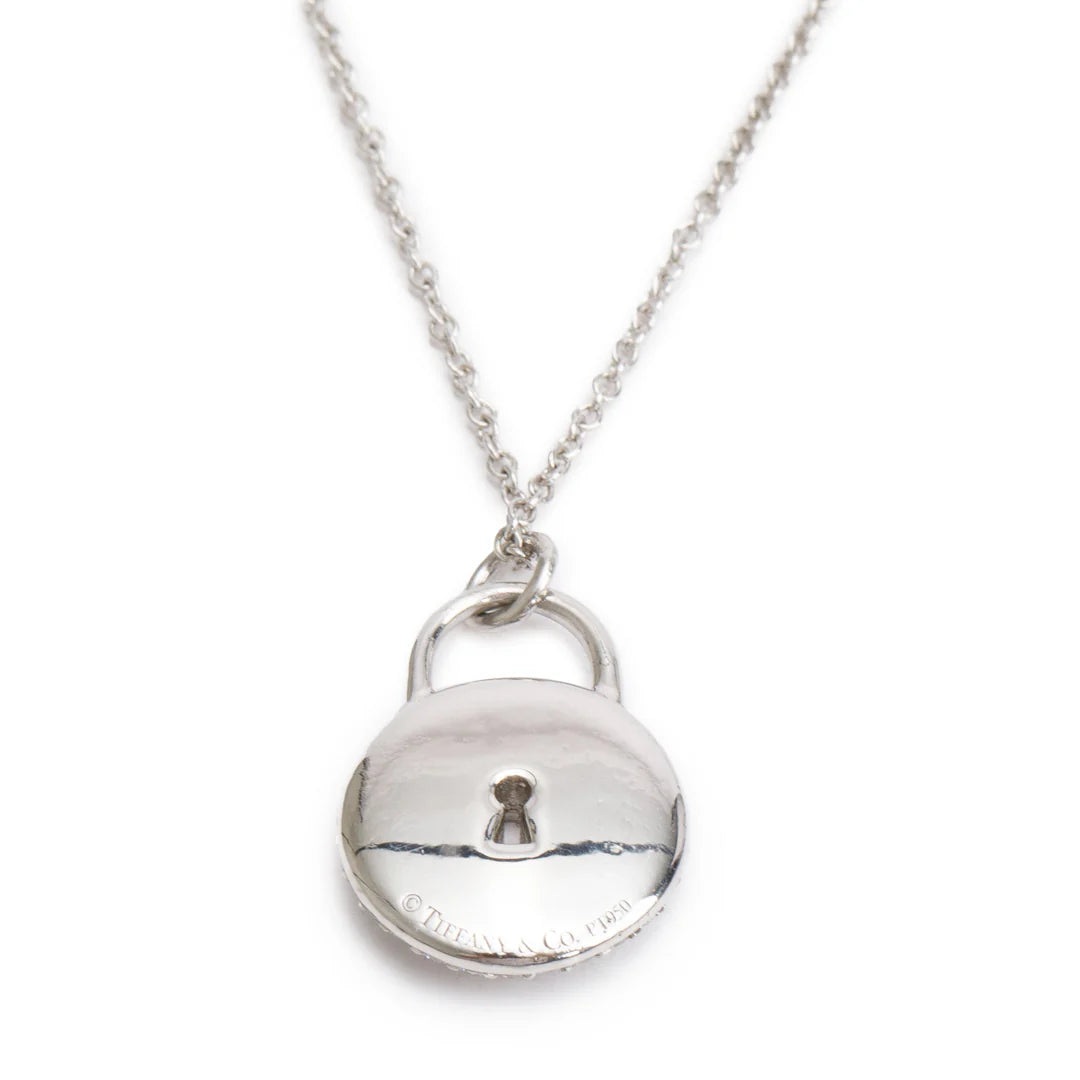 Platinum Diamond Mini Round Lock Pendant Necklace w/ Box