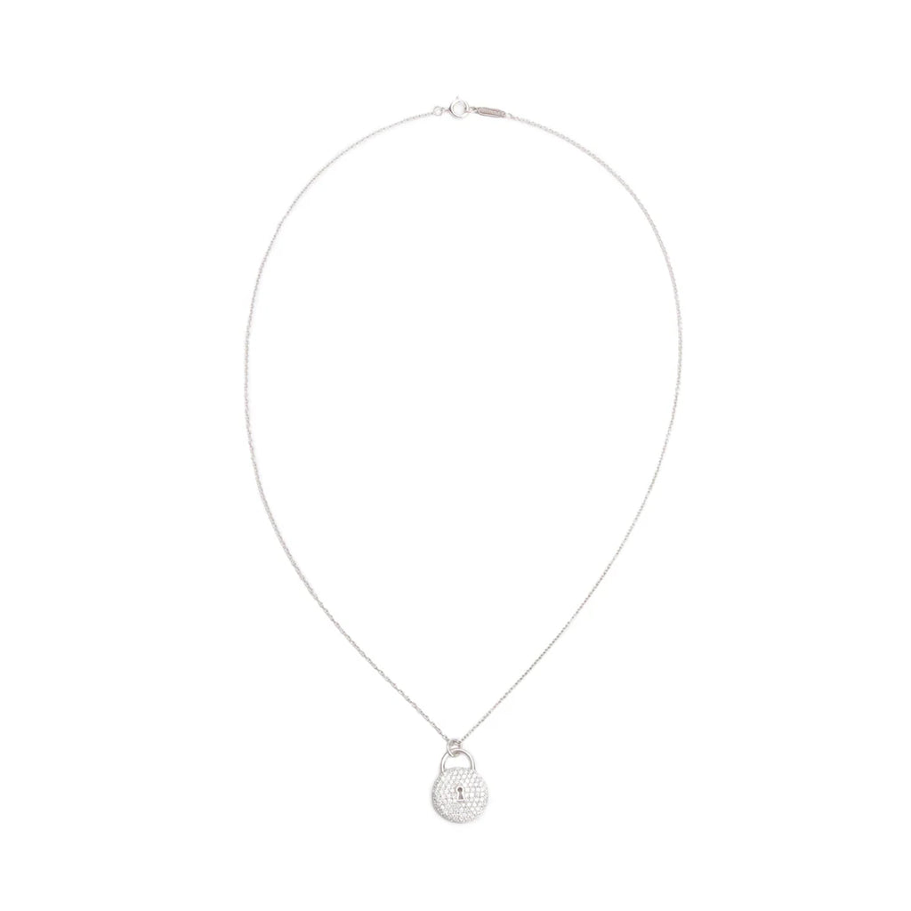 Platinum Diamond Mini Round Lock Pendant Necklace w/ Box