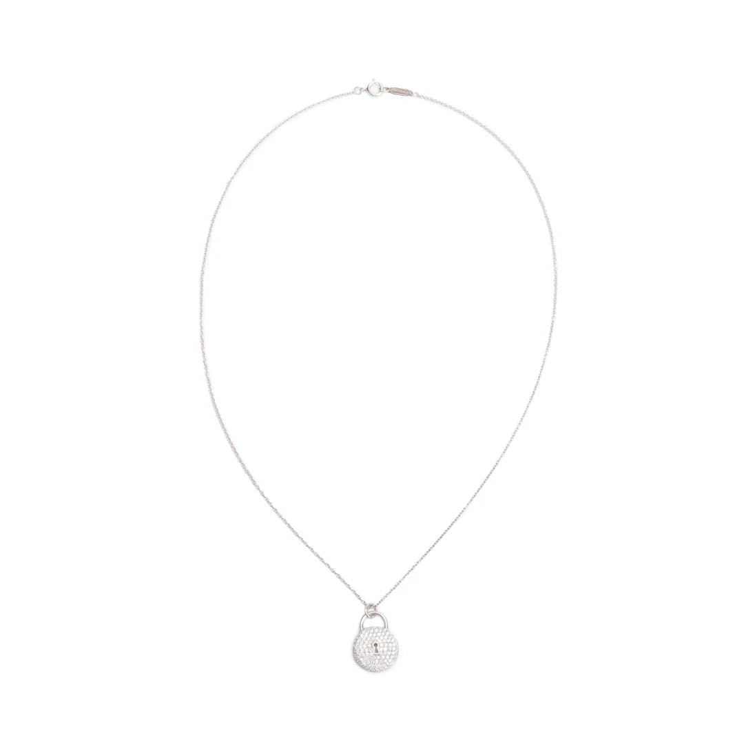 Platinum Diamond Mini Round Lock Pendant Necklace w/ Box