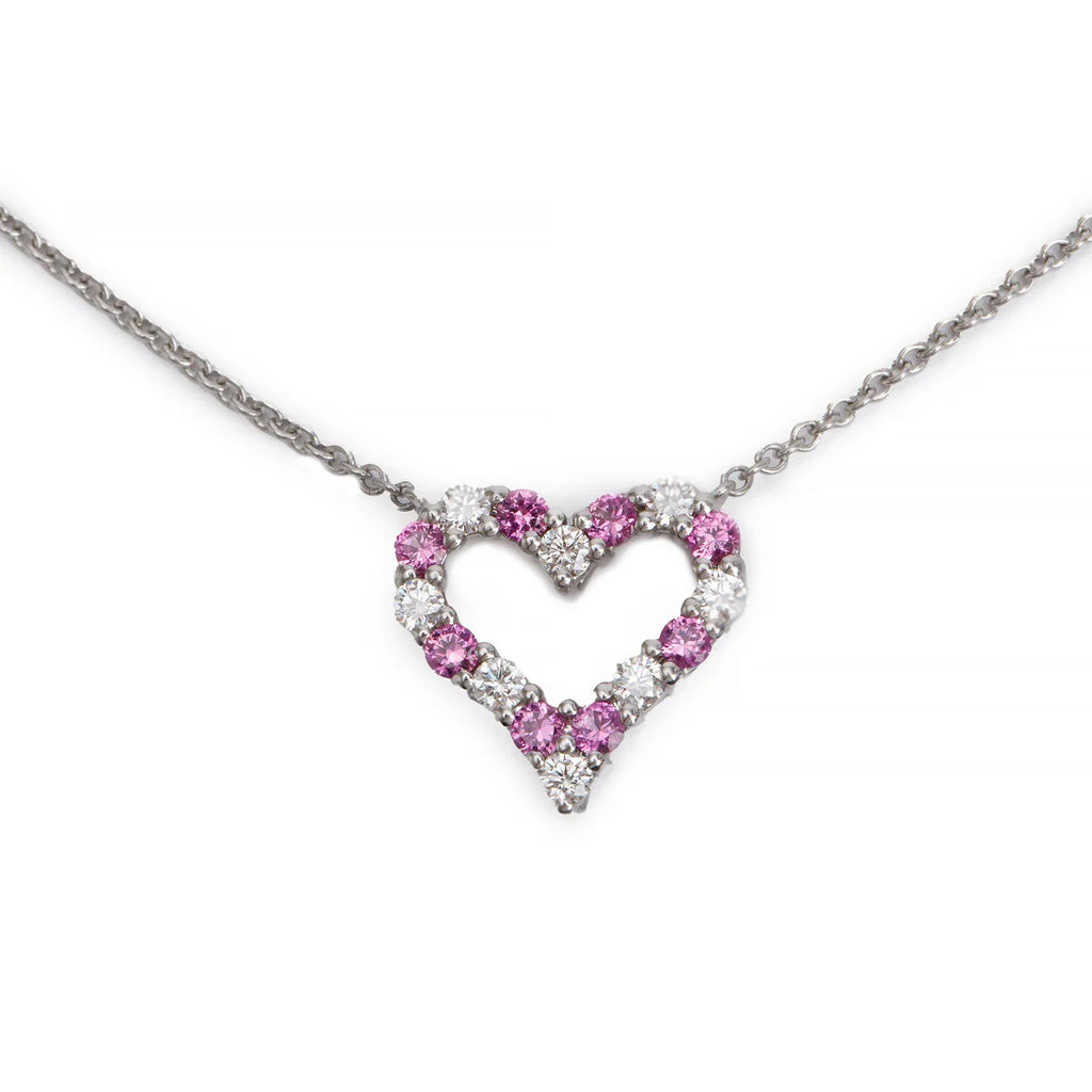 Platinum Diamond &amp; Pink Sapphire Mini Heart Pendant Necklace