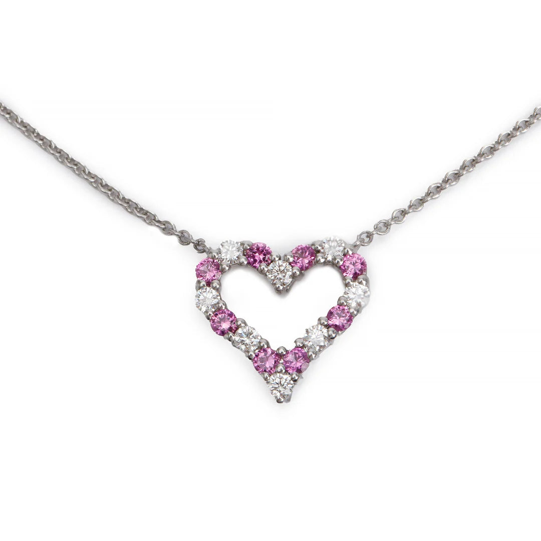 Platinum Diamond &amp; Pink Sapphire Mini Heart Pendant Necklace