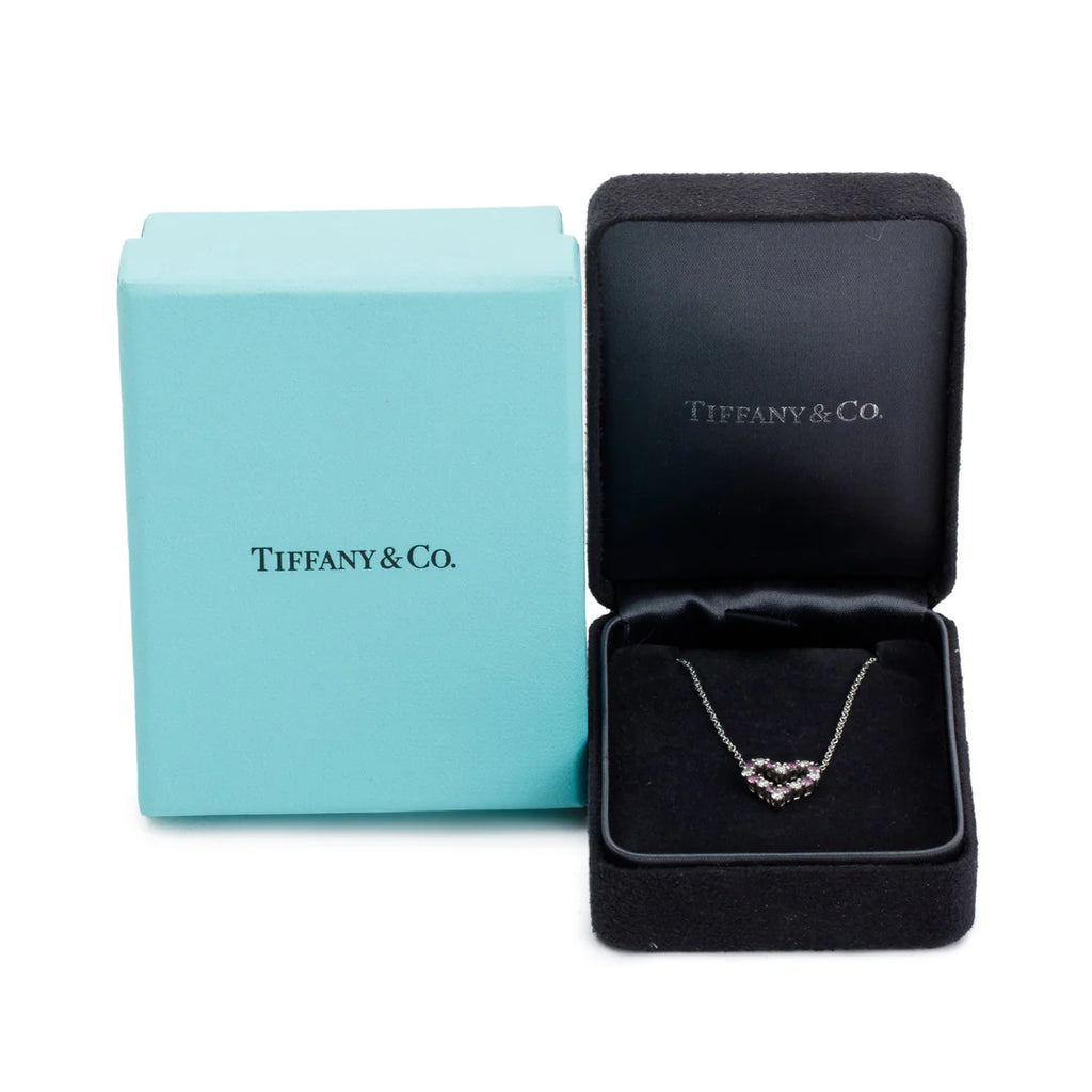 Platinum Diamond &amp; Pink Sapphire Mini Heart Pendant Necklace w/ Box
