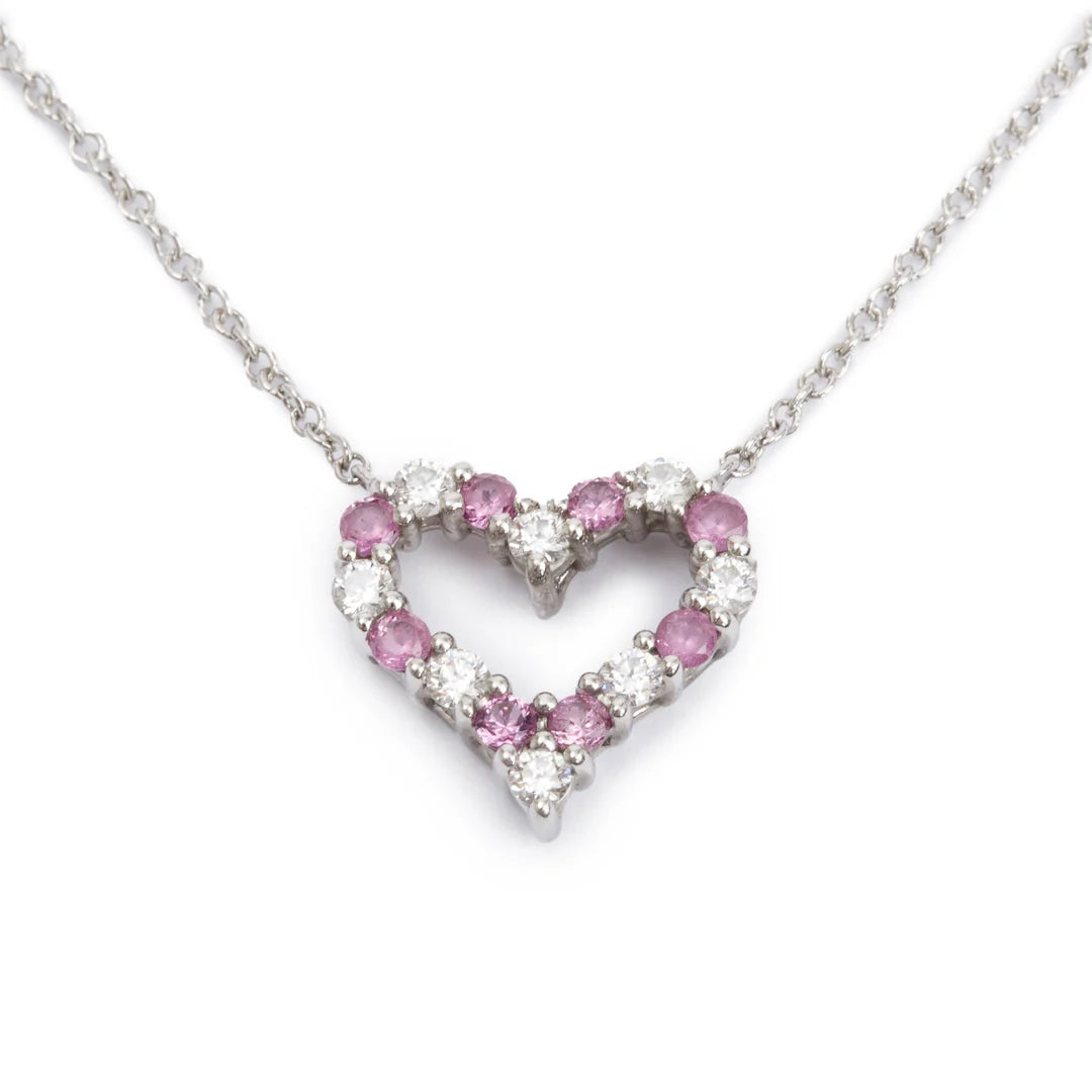 Platinum Diamond &amp; Pink Sapphire Mini Heart Pendant Necklace w/ Box