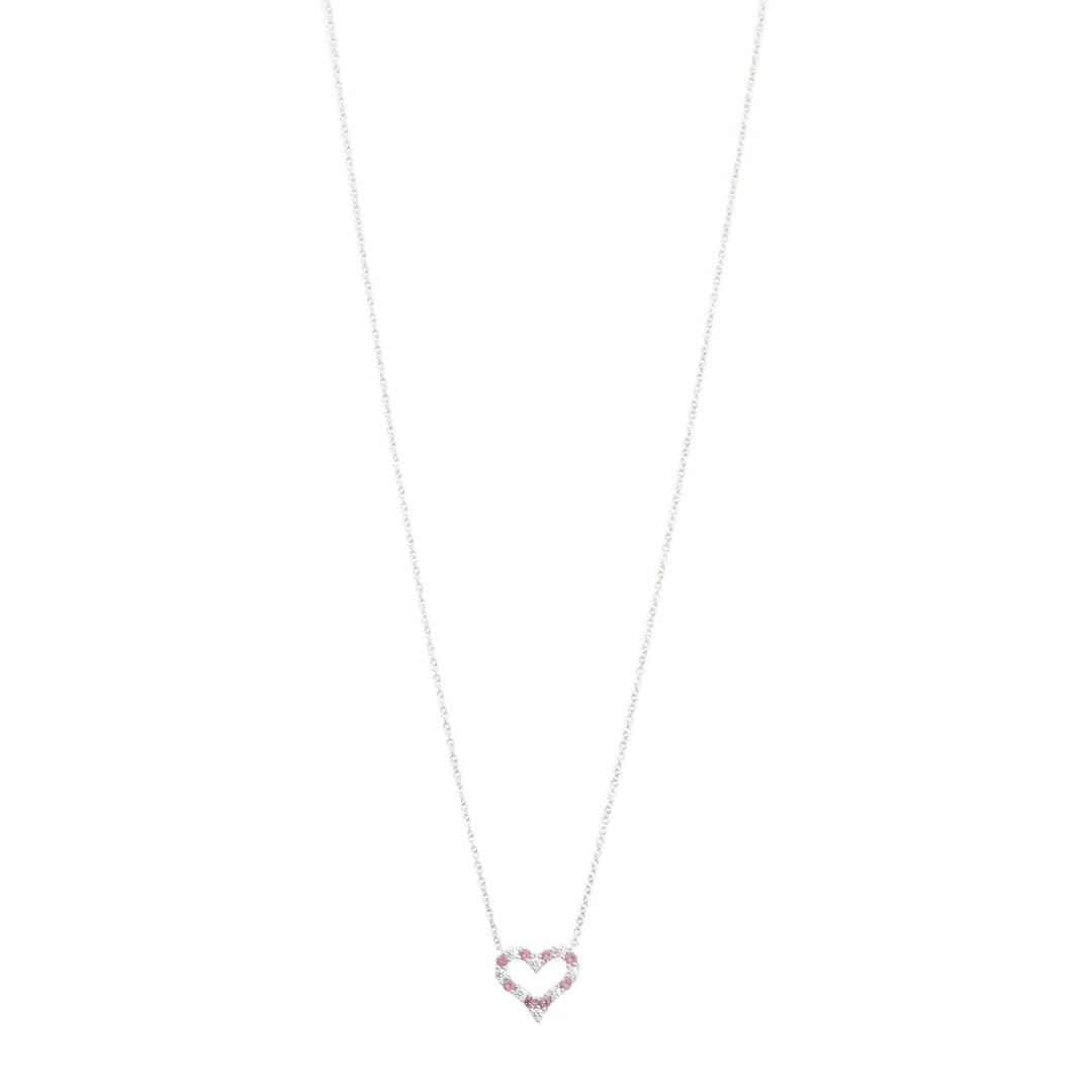 Platinum Diamond &amp; Pink Sapphire Mini Heart Pendant Necklace w/ Box