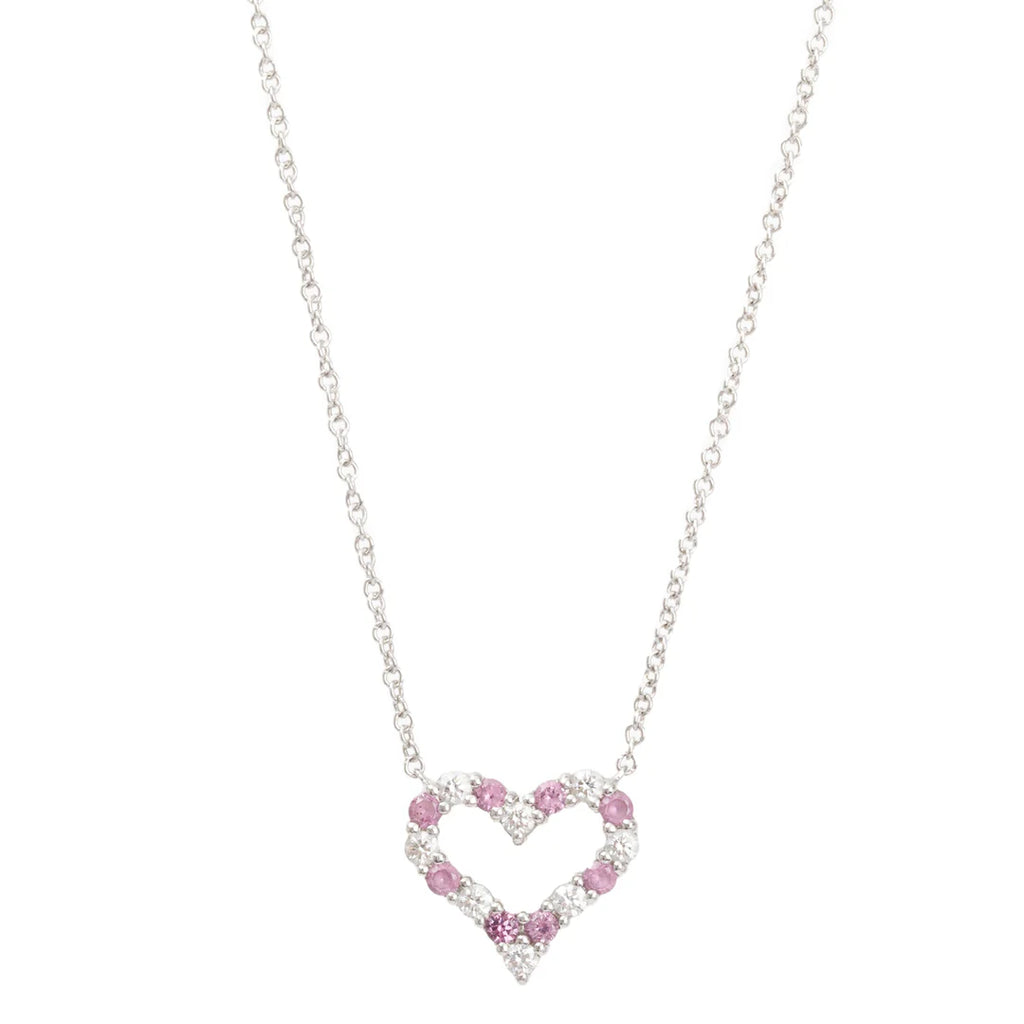 Platinum Diamond &amp; Pink Sapphire Mini Heart Pendant Necklace w/ Box