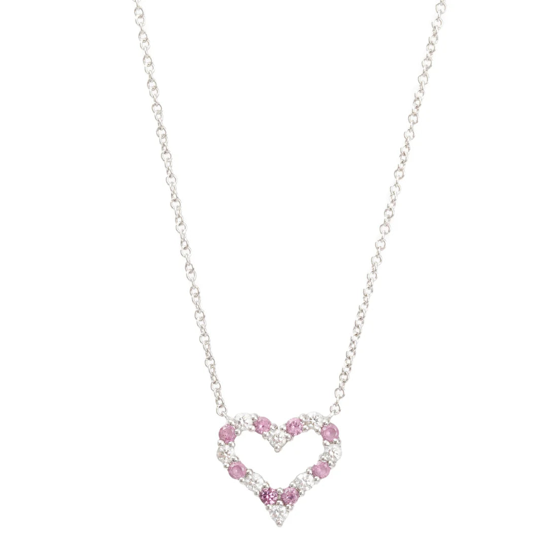 Platinum Diamond &amp; Pink Sapphire Mini Heart Pendant Necklace w/ Box