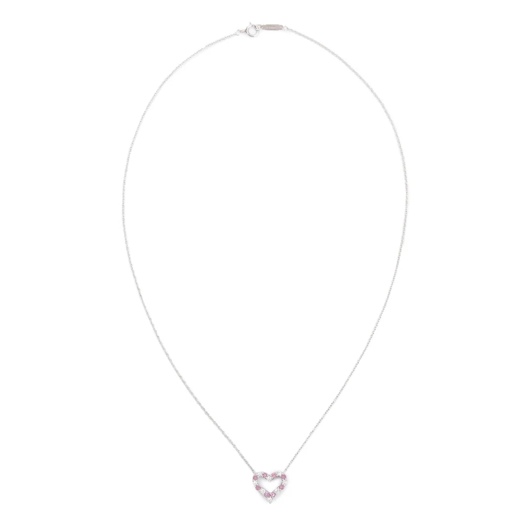 Platinum Diamond &amp; Pink Sapphire Mini Heart Pendant Necklace w/ Box