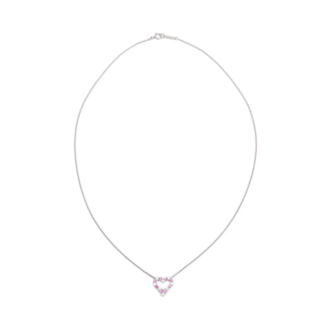 Platinum Diamond &amp; Pink Sapphire Mini Heart Pendant Necklace