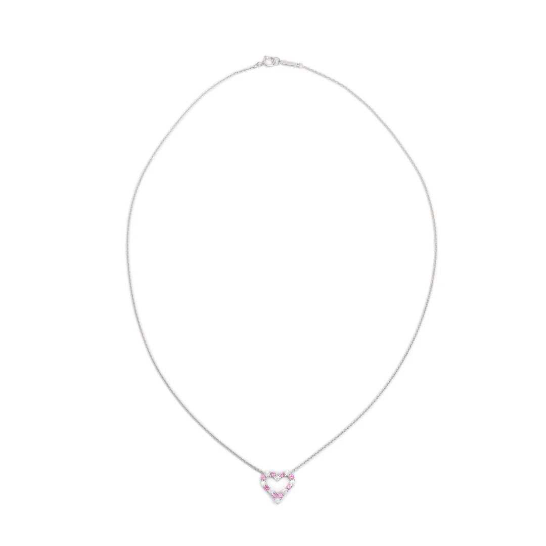 Platinum Diamond &amp; Pink Sapphire Mini Heart Pendant Necklace