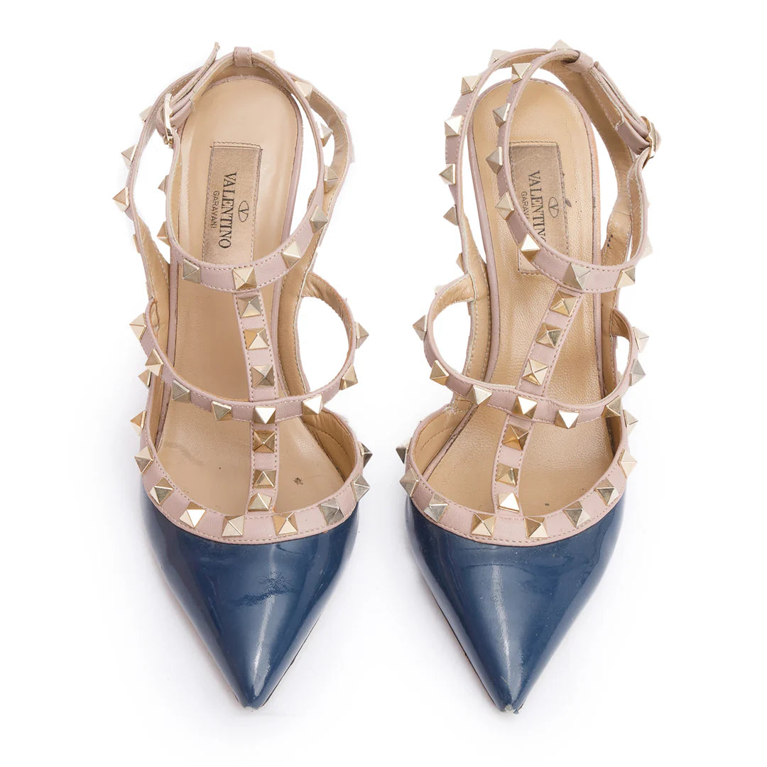 Blue/Beige Leather Rockstud Ankle Strap Pumps, Size 37.5 Coeur Cult Core