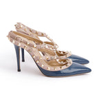 Blue/Beige Leather Rockstud Ankle Strap Pumps, Size 37.5 Coeur Cult Core