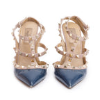 Blue/Beige Leather Rockstud Ankle Strap Pumps, Size 37.5 Coeur Cult Core