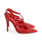 Red Leather Rockstud Ankle Strap Pumps, Size 36.5 w/ Box Coeur Cult Core