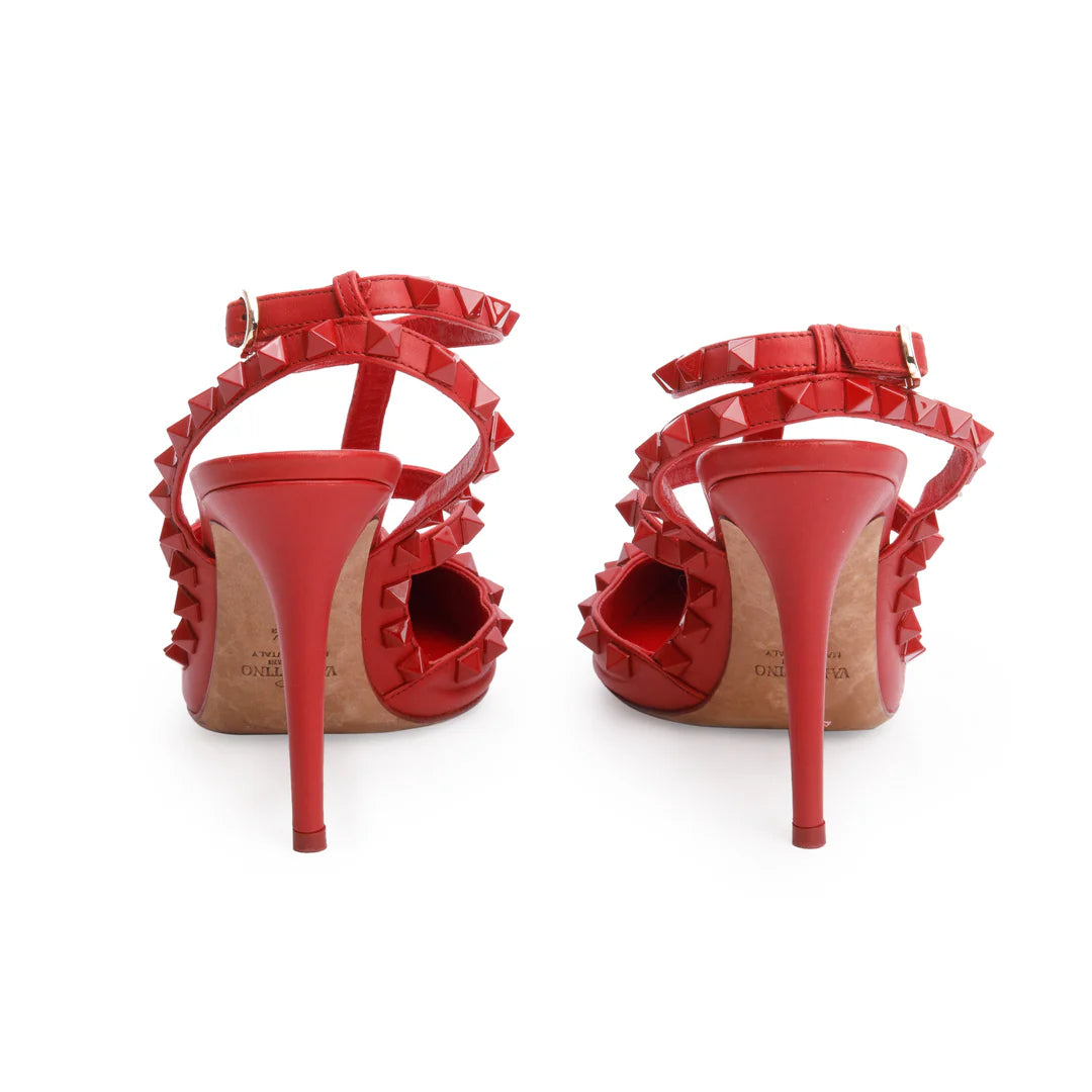 Red Leather Rockstud Ankle Strap Pumps, Size 36.5 w/ Box Coeur Cult Core