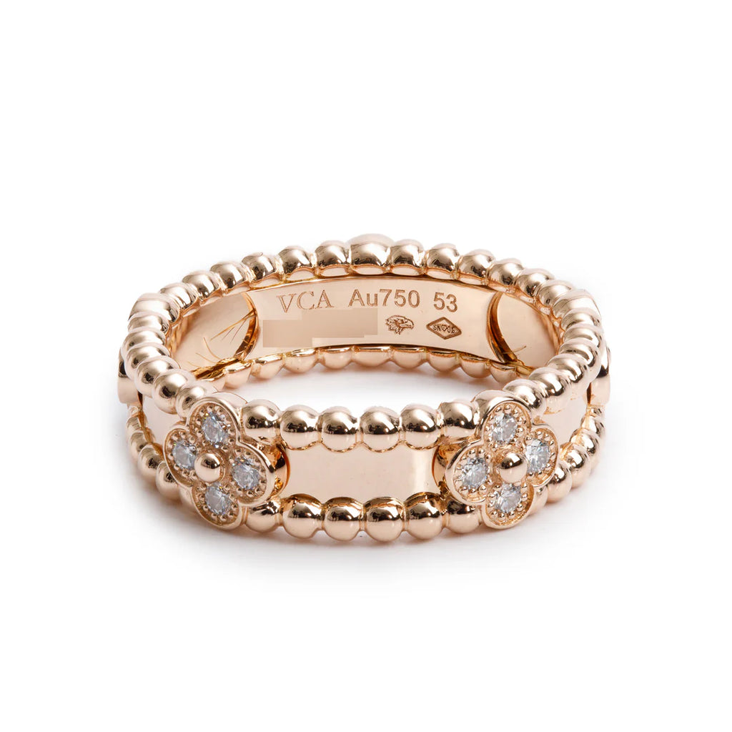 18k Rose Gold Diamond Perlee Sweet Clovers Ring, Size 53 6.5 w/ Box &amp; Certificate