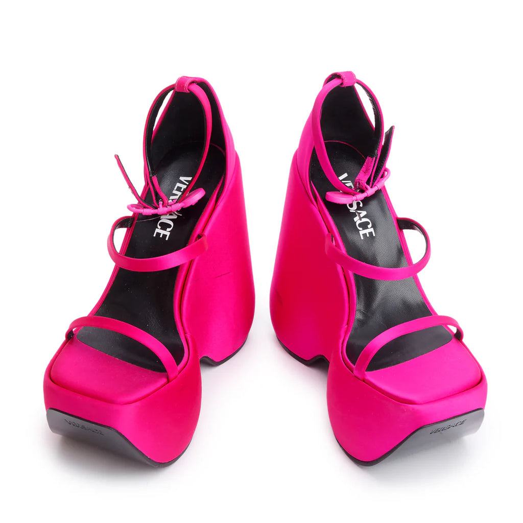 Pink Satin Medusa Insignia Triplatform Wedge Sandals, Size 36 Coeur Cult Core