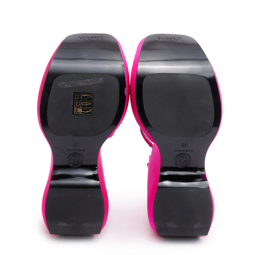 Pink Satin Medusa Insignia Triplatform Wedge Sandals, Size 36 Coeur Cult Core