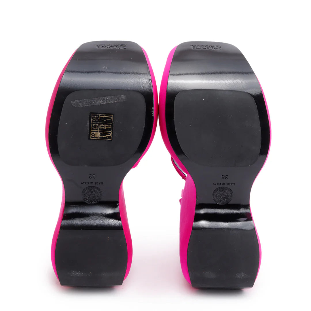 Pink Satin Medusa Insignia Triplatform Wedge Sandals, Size 36 Coeur Cult Core