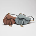 Blue Dove Grey Grained Calfskin Leather Mini Saddle Handbag