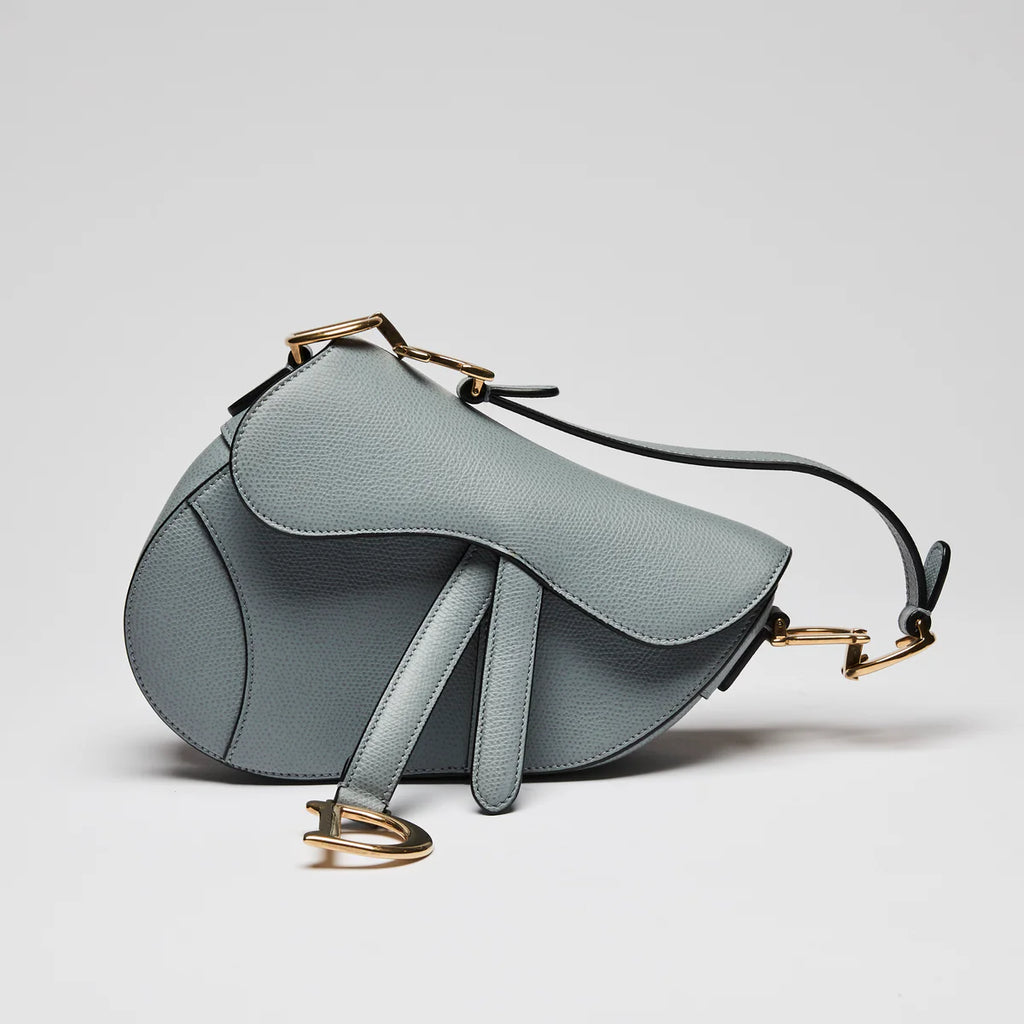 Blue Dove Grey Grained Calfskin Leather Mini Saddle Handbag