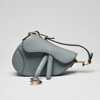 Blue Dove Grey Grained Calfskin Leather Mini Saddle Handbag