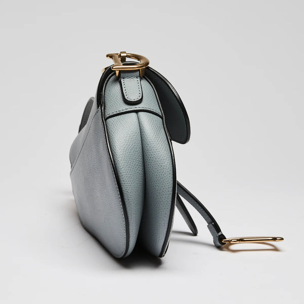 Blue Dove Grey Grained Calfskin Leather Mini Saddle Handbag