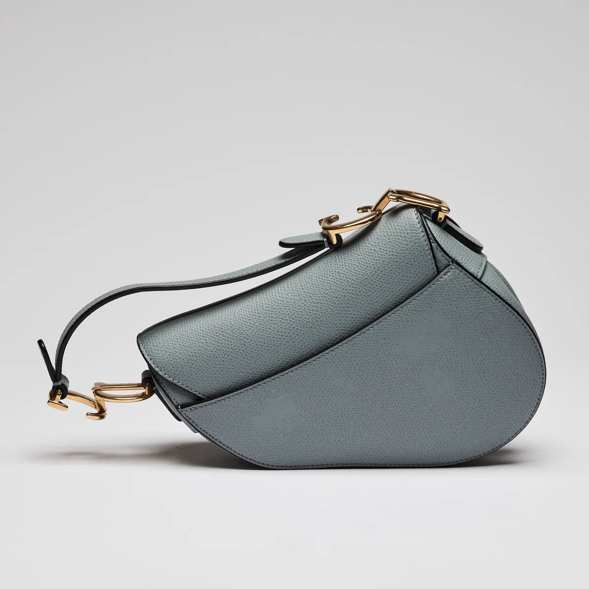 Blue Dove Grey Grained Calfskin Leather Mini Saddle Handbag