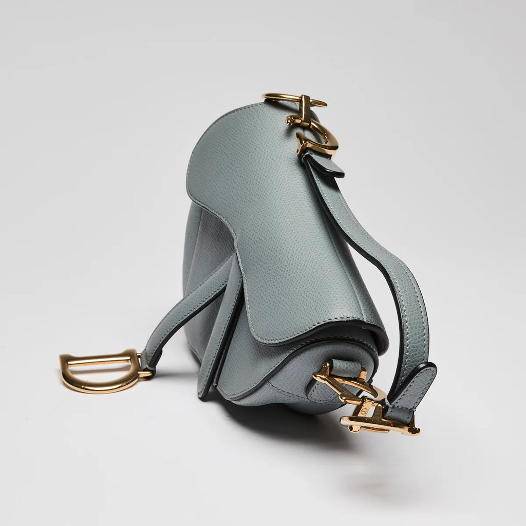 Blue Dove Grey Grained Calfskin Leather Mini Saddle Handbag