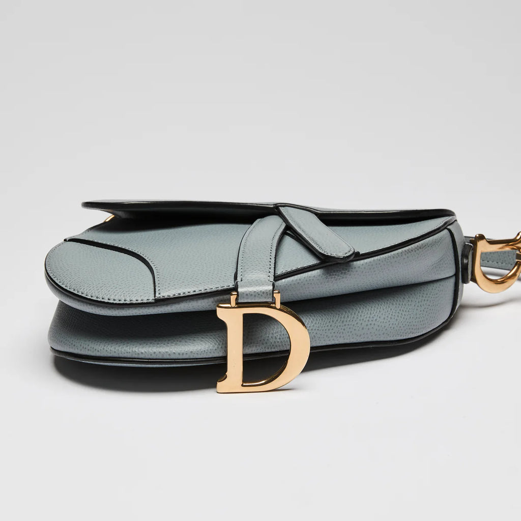 Blue Dove Grey Grained Calfskin Leather Mini Saddle Handbag