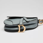 Blue Dove Grey Grained Calfskin Leather Mini Saddle Handbag
