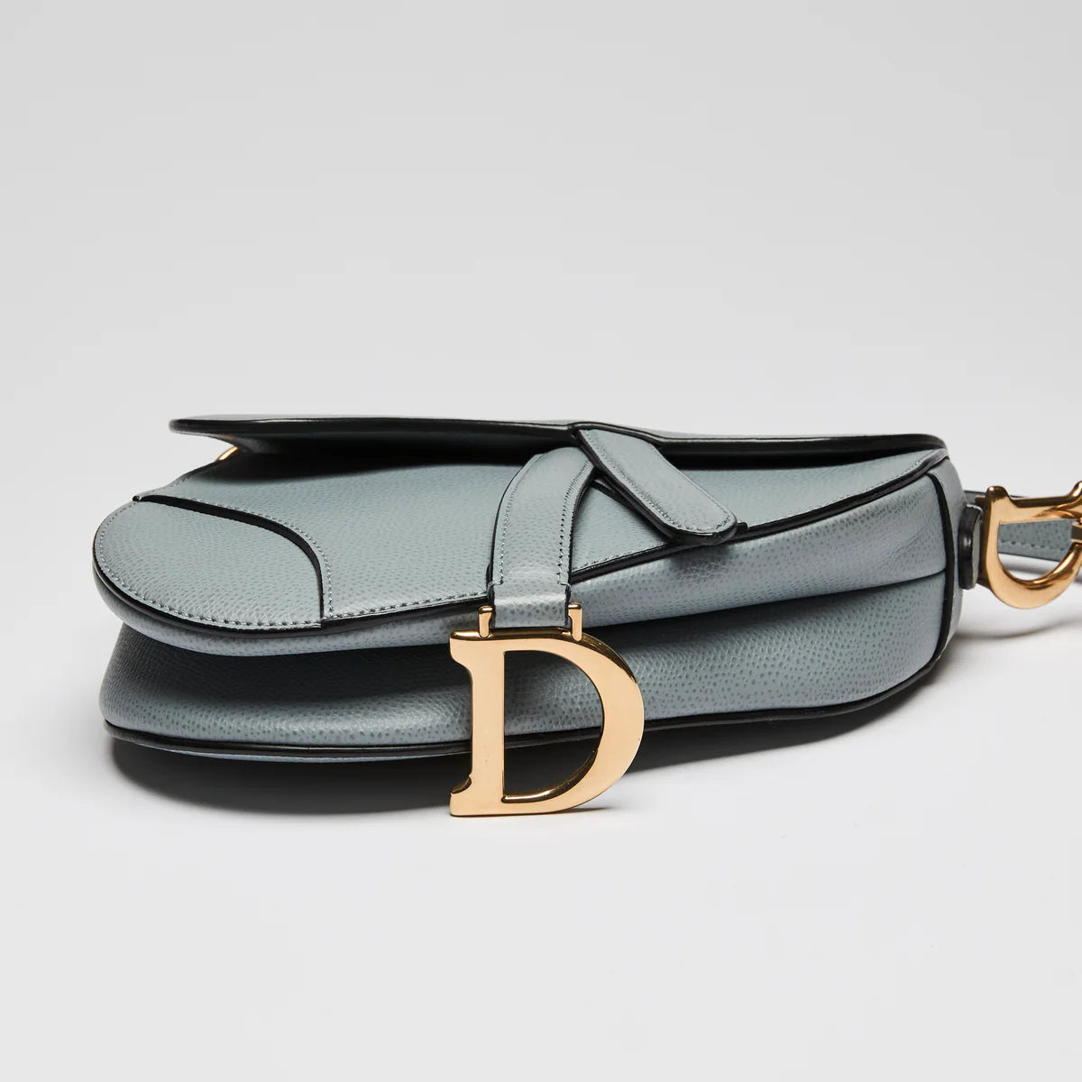Blue Dove Grey Grained Calfskin Leather Mini Saddle Handbag