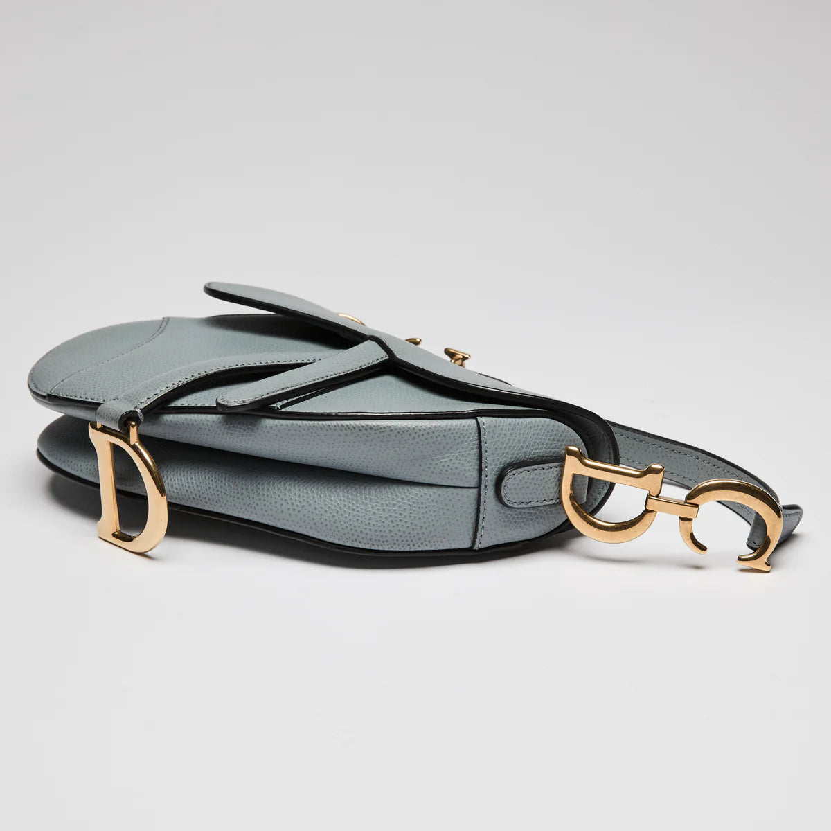 Blue Dove Grey Grained Calfskin Leather Mini Saddle Handbag